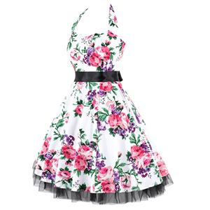 Vintage Sweetheart Neckline Halter Backless Flower Print Casual Swing Knee-length Dress N14858