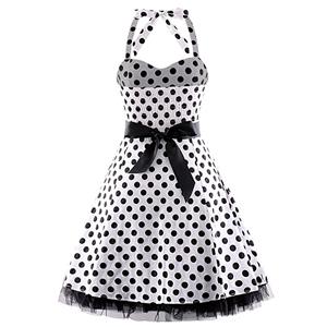 Vintage Sweetheart Neckline Halter Backless Polka Dot Casual Swing Knee-length Dress N14839