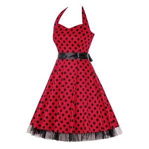 Vintage Sweetheart Neckline Halter Backless Polka Dot Casual Swing Knee-length Dress N14840
