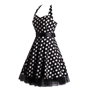 Vintage Sweetheart Neckline Halter Backless Polka Dot Casual Swing Knee-length Dress N14841