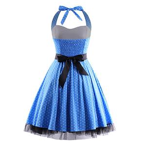 Vintage Sweetheart Neckline Halter Backless Polka Dot Casual Swing Knee-length Dress N14846