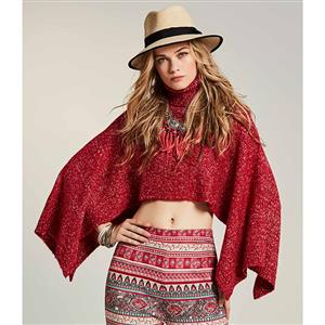 Women's Fahsion Red Turtleneck Batwing Sleeve Loose Mini Sweater Crop Top N15985