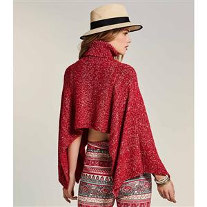 Women's Fahsion Red Turtleneck Batwing Sleeve Loose Mini Sweater Crop Top N15985