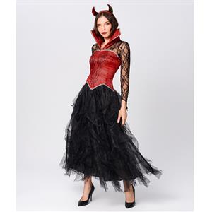 Gothic Devil Stand Collar Corset Sheer Lace and Mesh Long Gown Adult Vampire Costume N20164