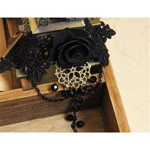 Victorian Gothic Black Floral Lace Wristband Rose Bracelet with Ring J18064