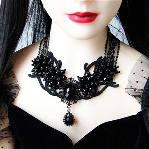 Victorian Gothic Black Gem Pendant Choker See-through Lace Party Necklace J20106