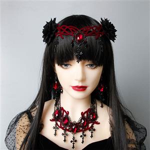 Victorian Red Gemstone Pendant And Black Rose Queen Hair Band Party Accessory J20110