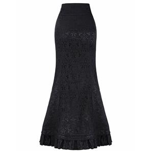 Women's Victorian Gothic Black Jacquard Ruffle Fishtail Skirt N15058