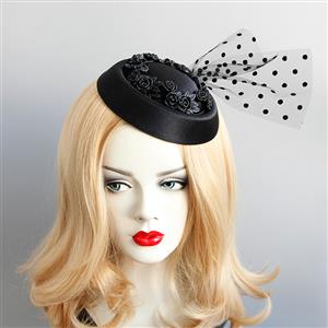 Victorian Gothic Black Flower and Mesh Fascinator Party Felt Hat Hair Clip Hairpin Accessory J18798