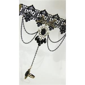Victorian Gothic Black Lace Wristband Black Beads Embellishment Bracelet with Ring J17826