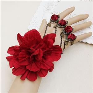 Victorian Gothic Lace Wristband Flower Bracelet with Red Rose Rings J18028