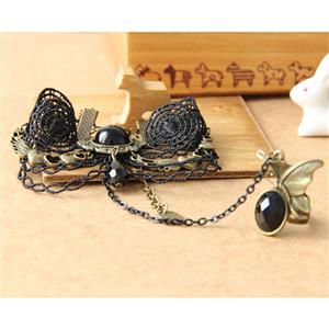 Victorian Gothic Black Floral Lace Wristband Gem Bracelet with Ring J18166