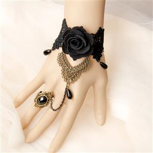 Victorian Gothic Black Floral Lace Wristband Black Rose Bracelet with Ring J18167