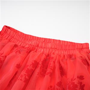 Victorian Gothic Red Elastic High-low Organza Skirt N23505