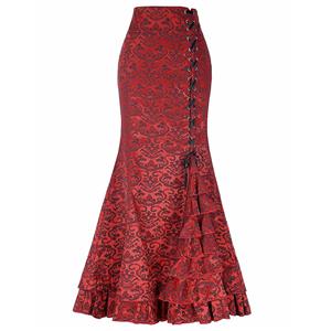 Steampunk Red Skirt, Jacquard Skirt for Women, Gothic Cosplay Skirt, Halloween Costume Skirt, Plus Size Skirt, Steampunk Party Skirt, Fishtail Skirt, #N15059