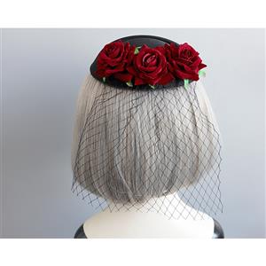 Victorian Gothic Red Rose and Mesh Fascinator Party Hair Clip Felt Hat Hairpin Accessory J18797