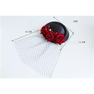 Victorian Gothic Red Rose and Mesh Fascinator Party Hair Clip Felt Hat Hairpin Accessory J18797