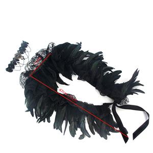 Victorian Gothic Black Feather Lace-up Shawl and Necklace Accessories N23234