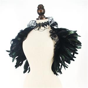 Victorian Gothic Black Feather Lace-up Shawl and Necklace Accessories N23234