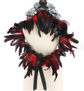 Victorian Gothic Black & Red Feather Lace-up Shawl and Red Rose Necklace Accessories N23414