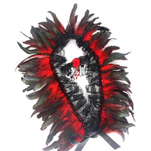 Victorian Gothic Black & Red Feather Lace-up Shawl and Red Rose Necklace Accessories N23414