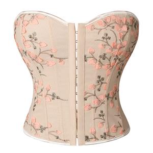 Women's Apricot Vintage Printed Lace-up 14 Plastic Boned Overbust Corset N23315