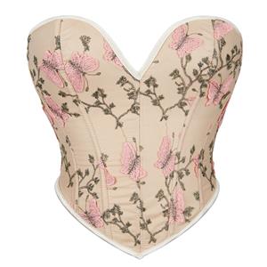 Women's Butterfly Embroidery Strapless Corset Tummy Control Lace Up Push Up Body Shaper N23473