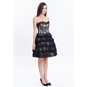 Victorian Elegant Sweetheart Neck Strapless Lace Overlay A-line Corset Dresses N14692
