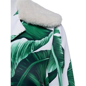 Women's White Villus Vest Lapel 3D Banana Leaf Print Coat Dress N15444