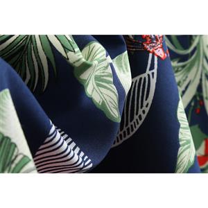 Vintage Dark Blue Leaves Print Round Neck High Waist Half Sleeves Midi Swing Dress N18596