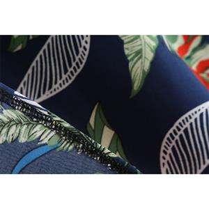 Vintage Dark Blue Leaves Print Round Neck High Waist Half Sleeves Midi Swing Dress N18596