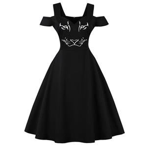 Fashion Vintage Black Cold Shoulder 50's  Tiger Print Swing Party Dress N15996