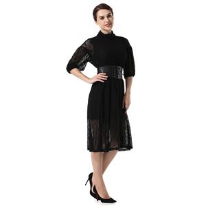 Noble Black Sheer Floral Lace Turtleneck Bishop Sleeves High Waist Party Midi Dress N18768