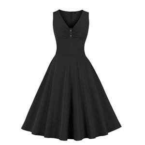 Vintage Black V Neck Sleeveless High Waist Wrinkle Summer Party Midi Dress N23032