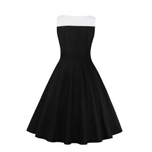 Vintage Black and White Patchwork V Neckline Sleeveless High Waist Midi Dress N18585