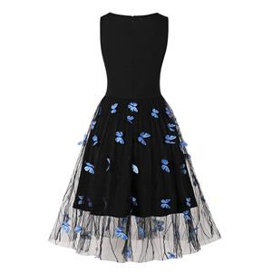 Vintage V Neck Blue Butterfly Sleeveless High Waist Summer Party Midi Dress N22838