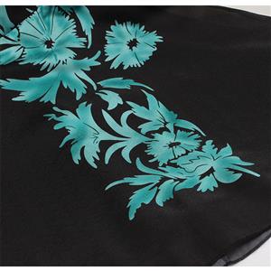 Vintage Black Sleeveless Classical Peacock Blue Floral Print High Waist Midi Dress N18338