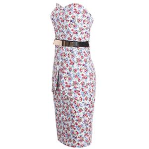 Fashion Vintage Strapless Floral Belt Casual Cocktail Club Party  Bodycon Mini Dress N11656