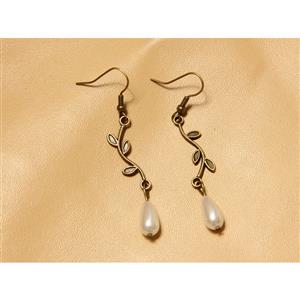 Vintage Elegant Bronze Metal Vine with White Artificial Pearl Drop Earrings J18440