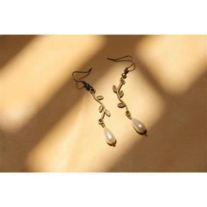 Vintage Elegant Bronze Metal Vine with White Artificial Pearl Drop Earrings J18440