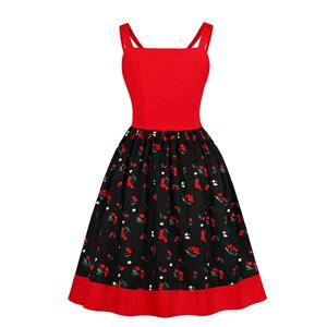 Vintage Cherry Pattern Spaghetti Straps Sweetheart Bodice Summer Swing Dress N18758