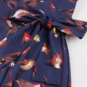 Vintage Birds Print Short Sleeves Rockabilly Ball Cocktail Party Casual Swing Dress N14929