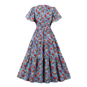Vintage Floral Print Surplice Neckline Flare Sleeve Rockabilly Party Tiered Dress with Belt N22101