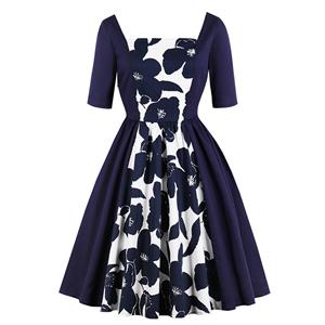 Vintage Blue Floral Printed Half Sleeves High Waist Midi Dress N18213