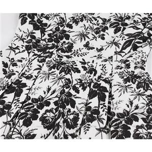 Vintage Black-white Floral Printed Long Sleeves High Waist Midi Dress N18215