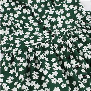 Vintage Dark-green Floral Print V Neck Sleeveless Front Button High Waist Swing Dress N19072