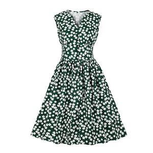 Vintage Dark-green Floral Print V Neck Sleeveless Front Button High Waist Swing Dress N19072