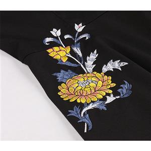 Vintage Black V Neck Floral Embroidered Sleeveless High Waist A-line Dress N18701