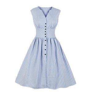 Vintage Rockabilly Blue Checkered Front Button High Waist Cocktail Party Swing Dress N19401