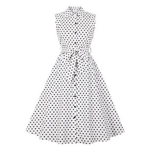 Vintage Rockabilly Polka Dots Lapel Sleeveless Front Button High Waist Cocktail Swing Dress N21484